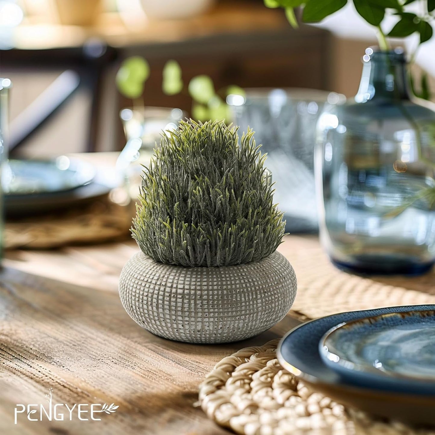 PENGYEE 2Pack Small Fake Plants 6.1/5.7 Inch, Artificial Plants Indoor in Cement Planter, Faux Plants Indoor for Room Bathroom Bedroom Kitchen Office Home Decor