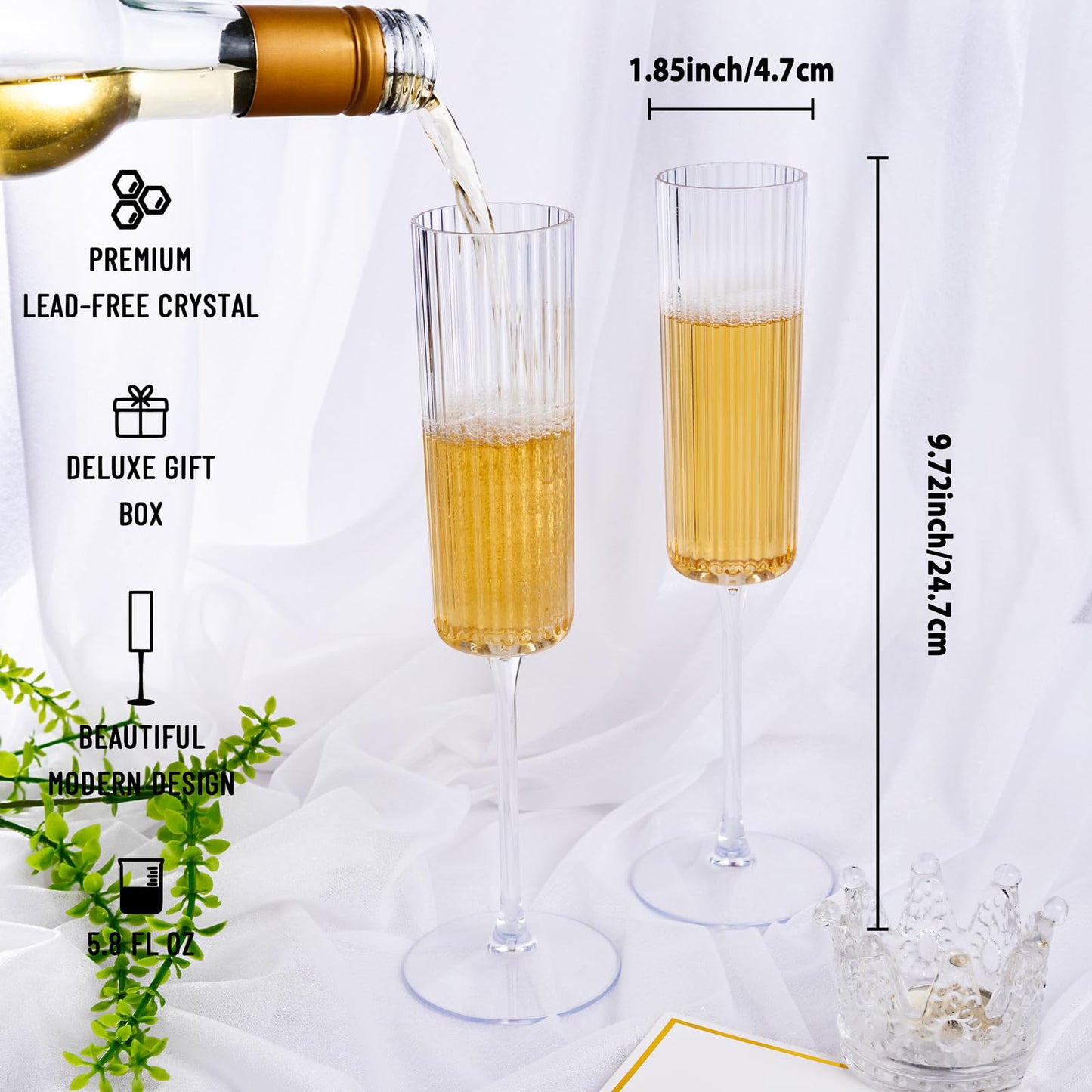 Ciaell 24 Pack Plastic Champagne Flutes - 6oz Ribbed Disposable Champagne Glasses - Clear Vintage Mimosa Glasses with Long Stem, Elegant & Lightweight for Weddings, Birthdays, Parties