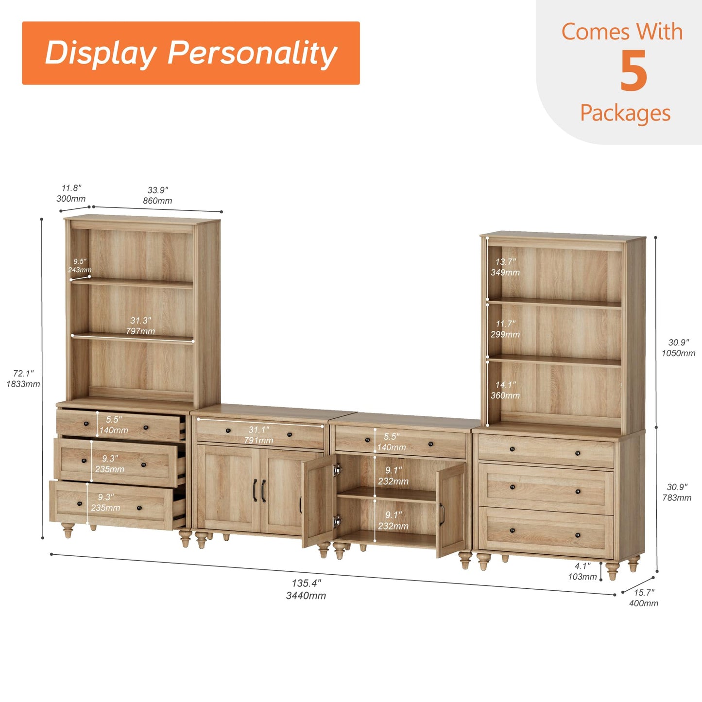 WAMPAT Entertainment Center with Bookshelves for TVs up to 75", Farmhouse Wall Unit TV Stand with Doors & Drawer, Media Console Table for Living Room, Bedroom & Home Theater, Oak