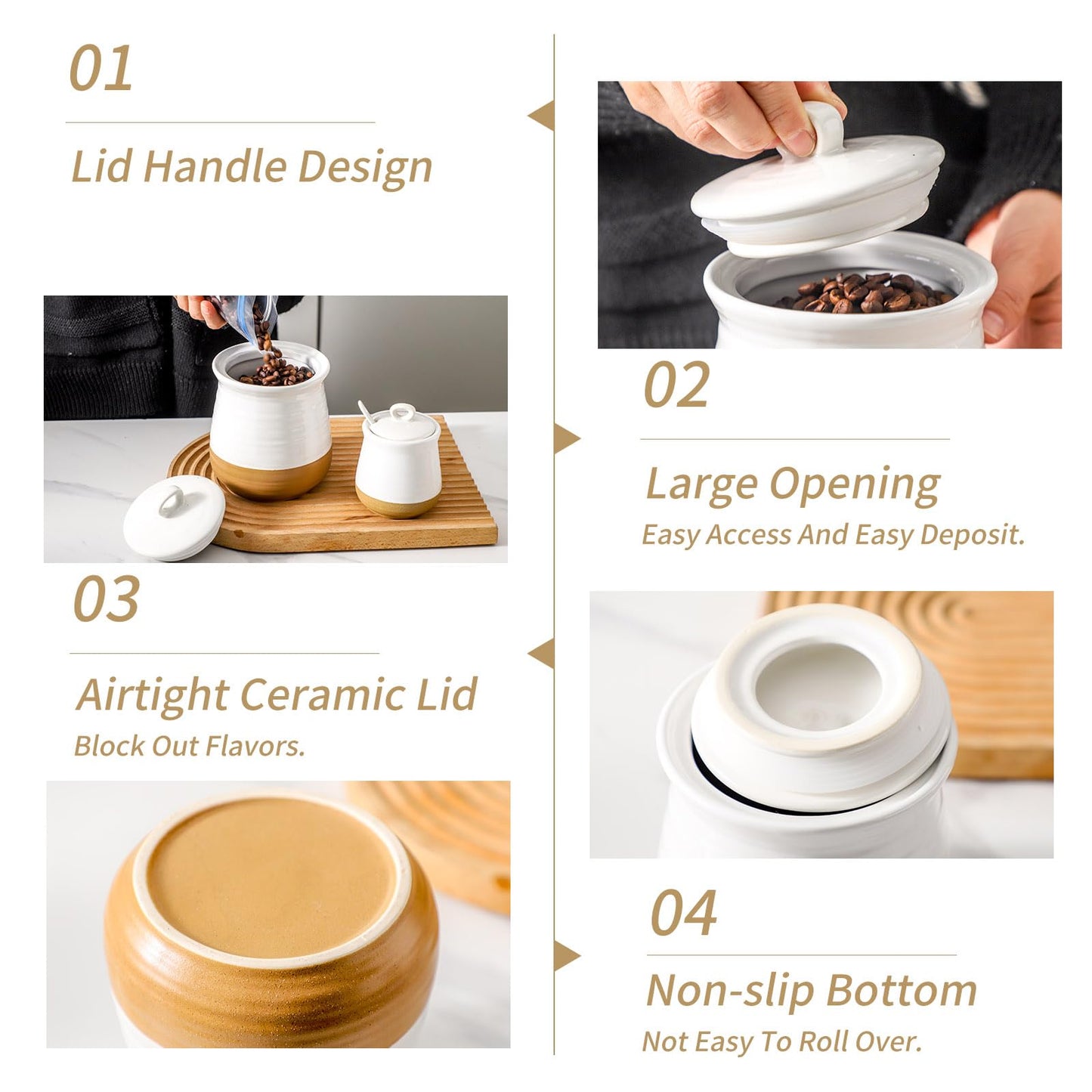 Hasense Ceramic Food Storage Container, Porcelain Kitchen Canisters with Airtight Lid, 35 OZ Coffee Canisters for Kitchen Counter, Candy Jar for Tea, Sugar, Salt and More, Farmhouse Decor, White