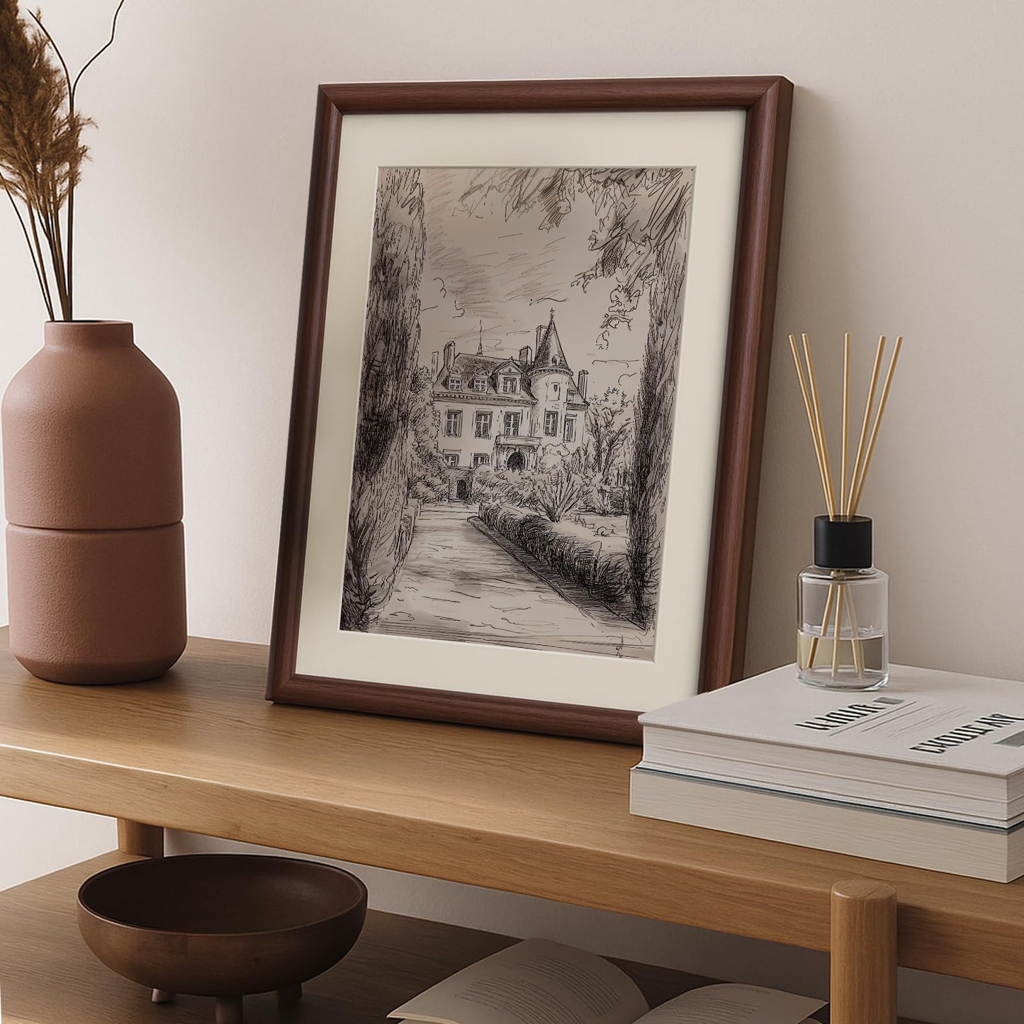 InSimSea Framed Canvas Wall Art with Mat, Vintage Neutral Architecture Sketch Prints Picture, Vintage Landscape Wall Art for Living Room Bedroom Office, 11x14 Inch(Walnut)