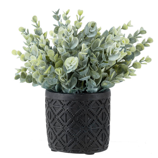 MyGift Artificial Eucalyptus Plant in Modern Gray Concrete Pots with Geometric Embossed Pattern (1, Black)