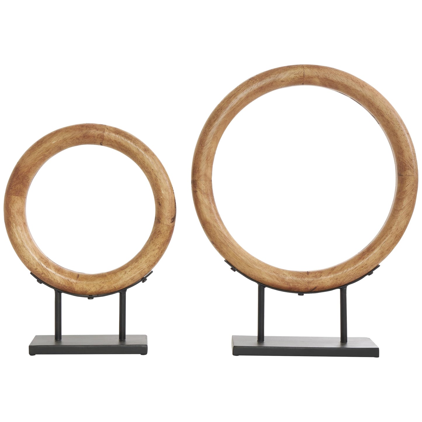 Deco 79 Wood Geometric Decorative Sculpture Circular Ring Home Decor Statues with Black Metal Stands, Set of 2 Accent Figurines 20", 16"H, Brown