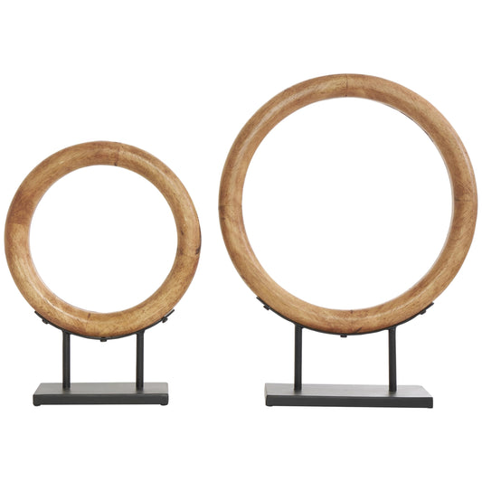 Deco 79 Wood Geometric Decorative Sculpture Circular Ring Home Decor Statues with Black Metal Stands, Set of 2 Accent Figurines 20", 16"H, Brown