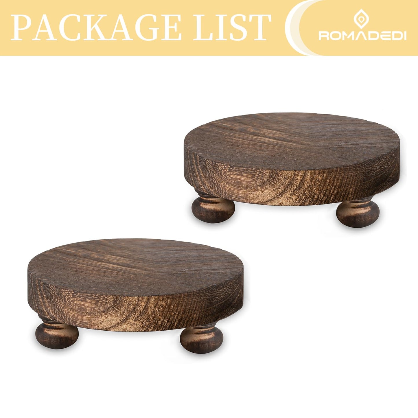 Romadedi Farmhouse Wood Riser for Display- 2 pcs Rustic Decor Mini Wooden Pedestal Decorative Round Tray for Home Table Bathroom Counter Shelf Kitchen, Brown