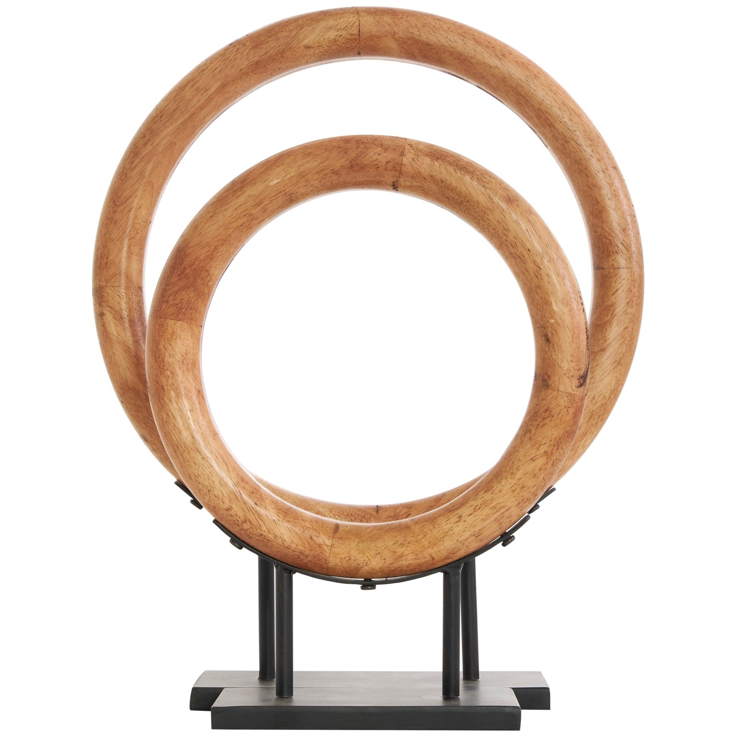 Deco 79 Wood Geometric Decorative Sculpture Circular Ring Home Decor Statues with Black Metal Stands, Set of 2 Accent Figurines 20", 16"H, Brown