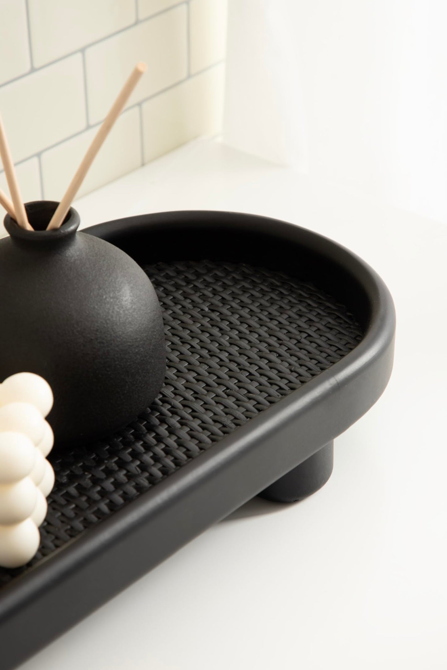 Kate and Laurel Planche Decorative Capsule Woven Tray with Solid Wood Frame, 27 x 8, Black, Modern Slim Wood Rectangle Serving Tray for Living Room