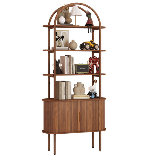 71" Tall Fluted Arched Bookshelf with Sliding Tambour Doors, Mid Century Modern Metal Curved Bookshelf Cabinet with Storage, 4-Tier Open Display Storage Shelf for Home Office, Living Room (Walnut)