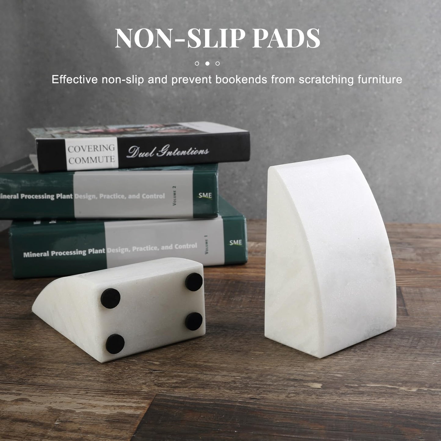 Koville Marble Bookends for Shelves, Large Bookends for Heavy Books, Natural Stone Book Stopper for Books CD Movies, Aesthetic Decorative Book Ends (White)