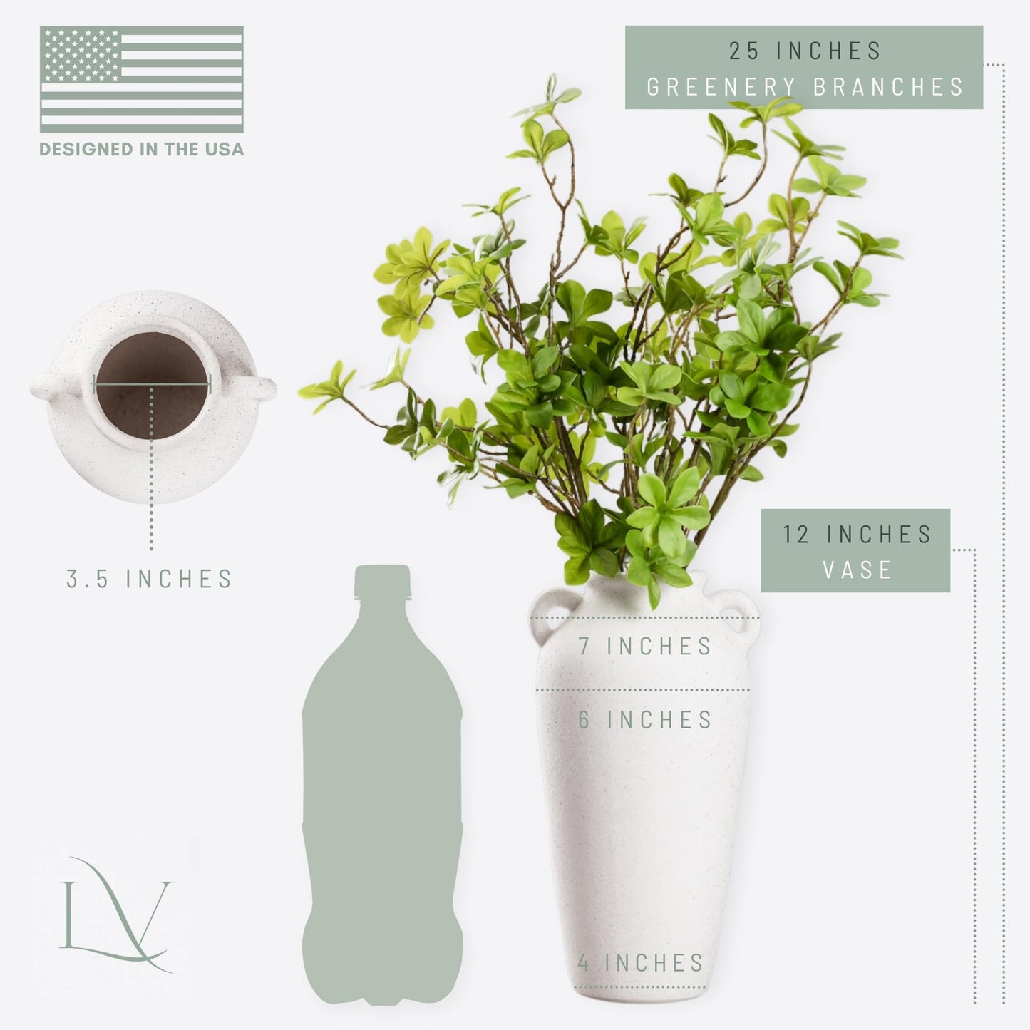 12 Inch Tall White Ceramic Vase, with 5 Branches of 25 Inch Faux Artificial Vibrant Greenery Stems Set, Textured Minimalist Jug, Fake Stem Plants, Decorative Farmhouse, Console Table Centerpiece Decor