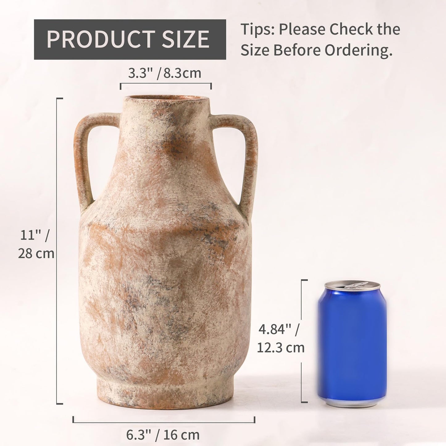 Mitt&Ditt Ceramic Flower Vase with Handles, 11 inch Tall Vase for Centerpieces, Large Decorative Terracotta Vases, Farmhouse Rustic Vases for Home Decor, Living Room, Table, Neutral