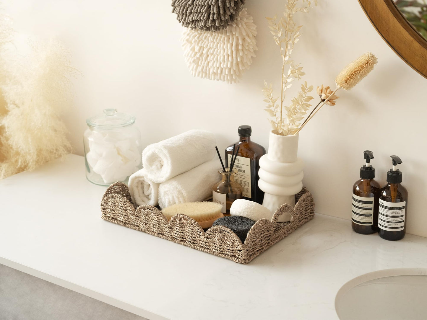 StorageWorks Rectangle Wicker Scalloped Tray, Rattan Serving Trays with Handles, Seagrass Basket for Decorative & Organizing, 15.75" L x 11.5" W x 2.75" H