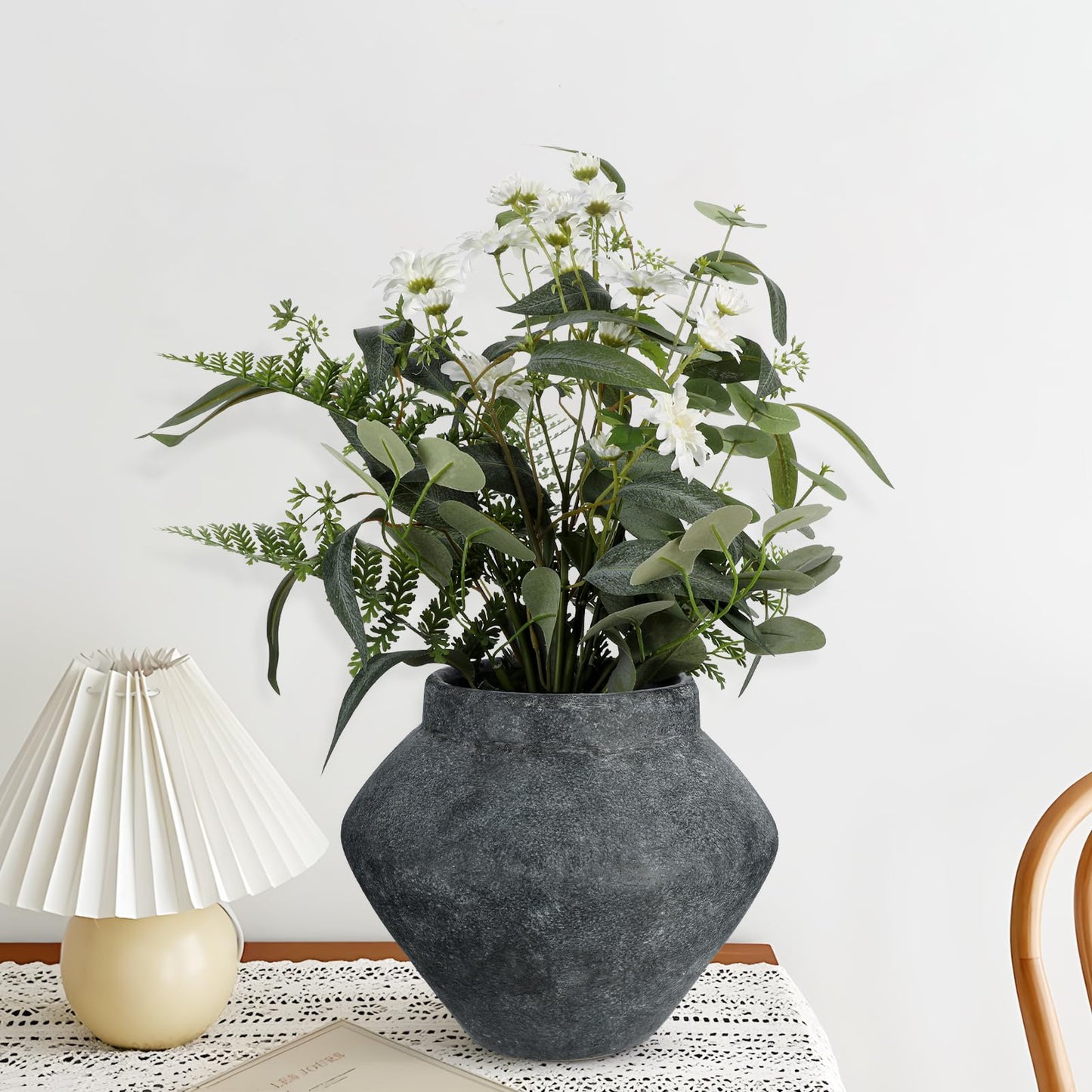 Briful Large Rustic Ceramic Vase with Distressed Finish, 8.2'' Tall Wide-Belly Decorative Flower Vases with Felt Pads, Retro Style Pottery for Home Decor, Table Centerpiece, Black