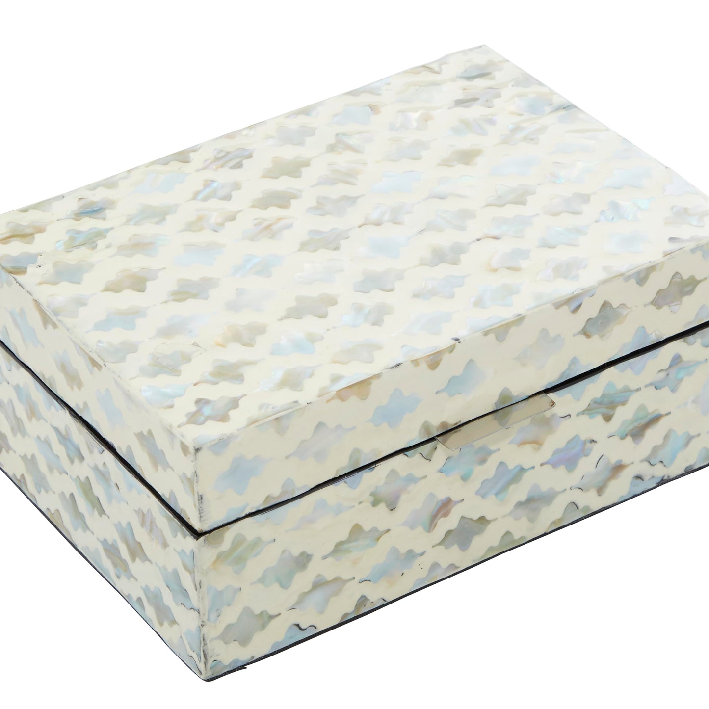 Deco 79 Mother of Pearl Shell Geometric Handmade Decorative Box Storage Decorative Keepsake Boxes with Hinged Lid, Set of 2 Storage Boxes 12", 8"W, Cream