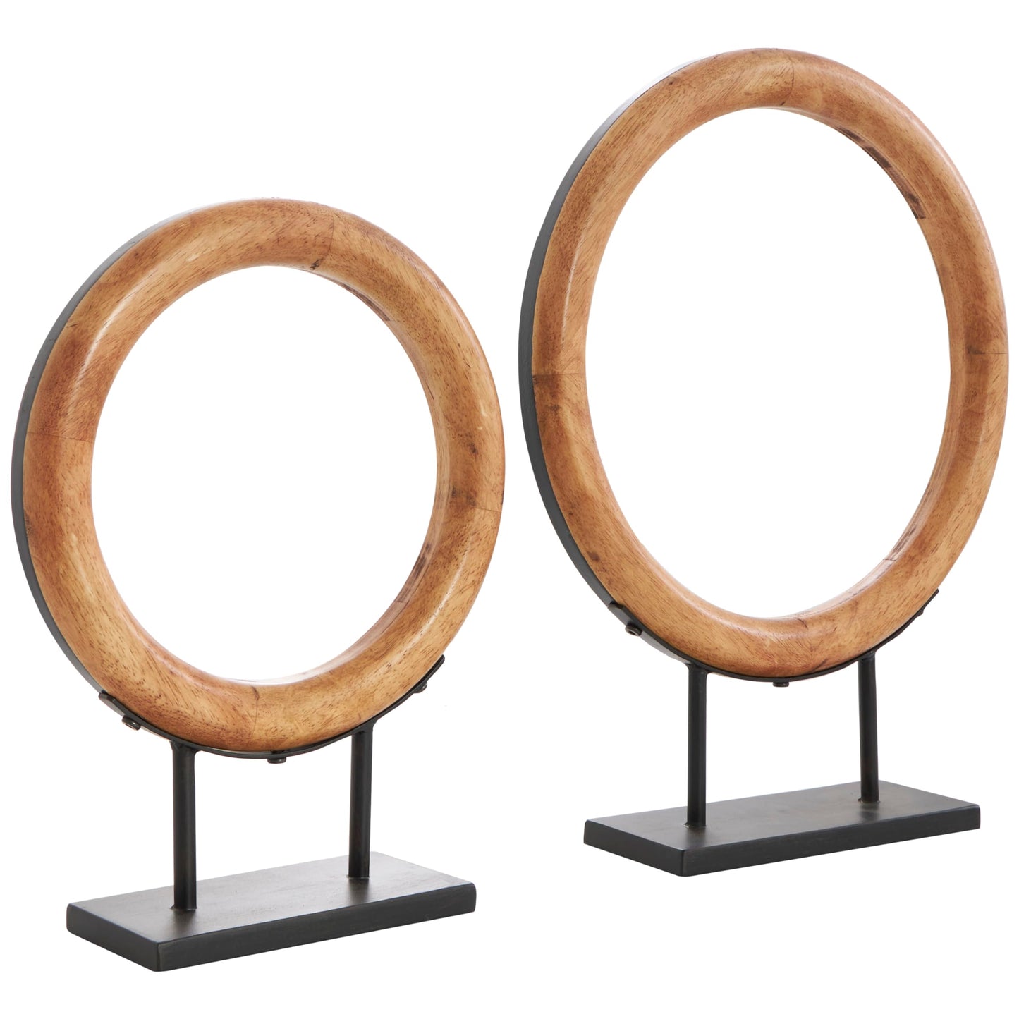 Deco 79 Wood Geometric Decorative Sculpture Circular Ring Home Decor Statues with Black Metal Stands, Set of 2 Accent Figurines 20", 16"H, Brown