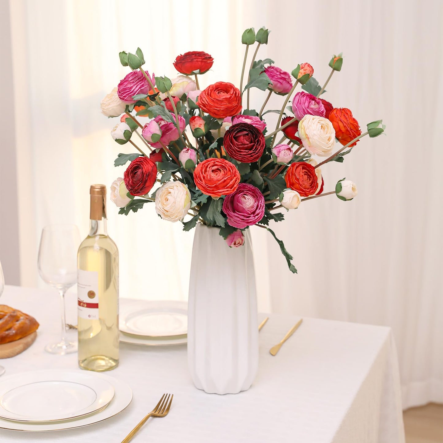 LILUYTO 6Pcs Realistic Silk White Ranunculus Artificial Flowers Long Stems, 23.6" Tall Fake Flowers Faux Flowers Suit for Year-Round Home Decoration, Wedding, Bridal Bouquets, Office