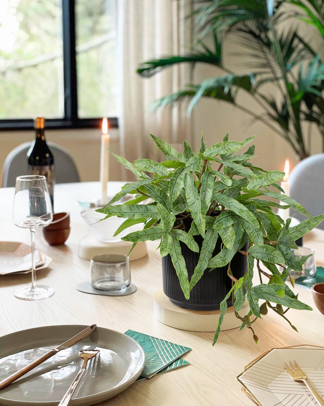 Briful Faux Plants Indoor 9'' Artificial Potted House Plant with Black Ceramic Pot Fake Pteris Cretica Fern Plant for Home Office Room Desk Shelf Decor Indoor