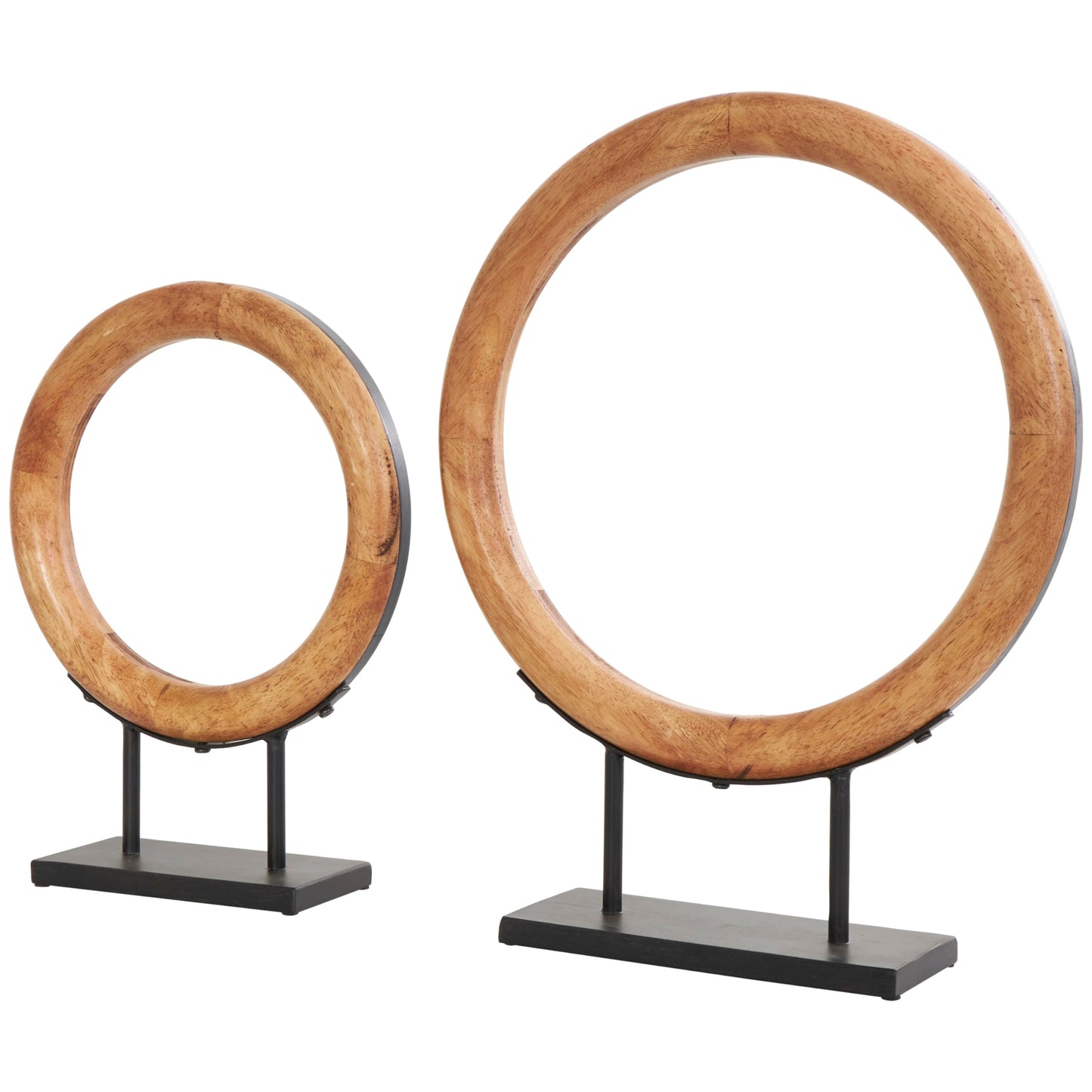 Deco 79 Wood Geometric Decorative Sculpture Circular Ring Home Decor Statues with Black Metal Stands, Set of 2 Accent Figurines 20", 16"H, Brown