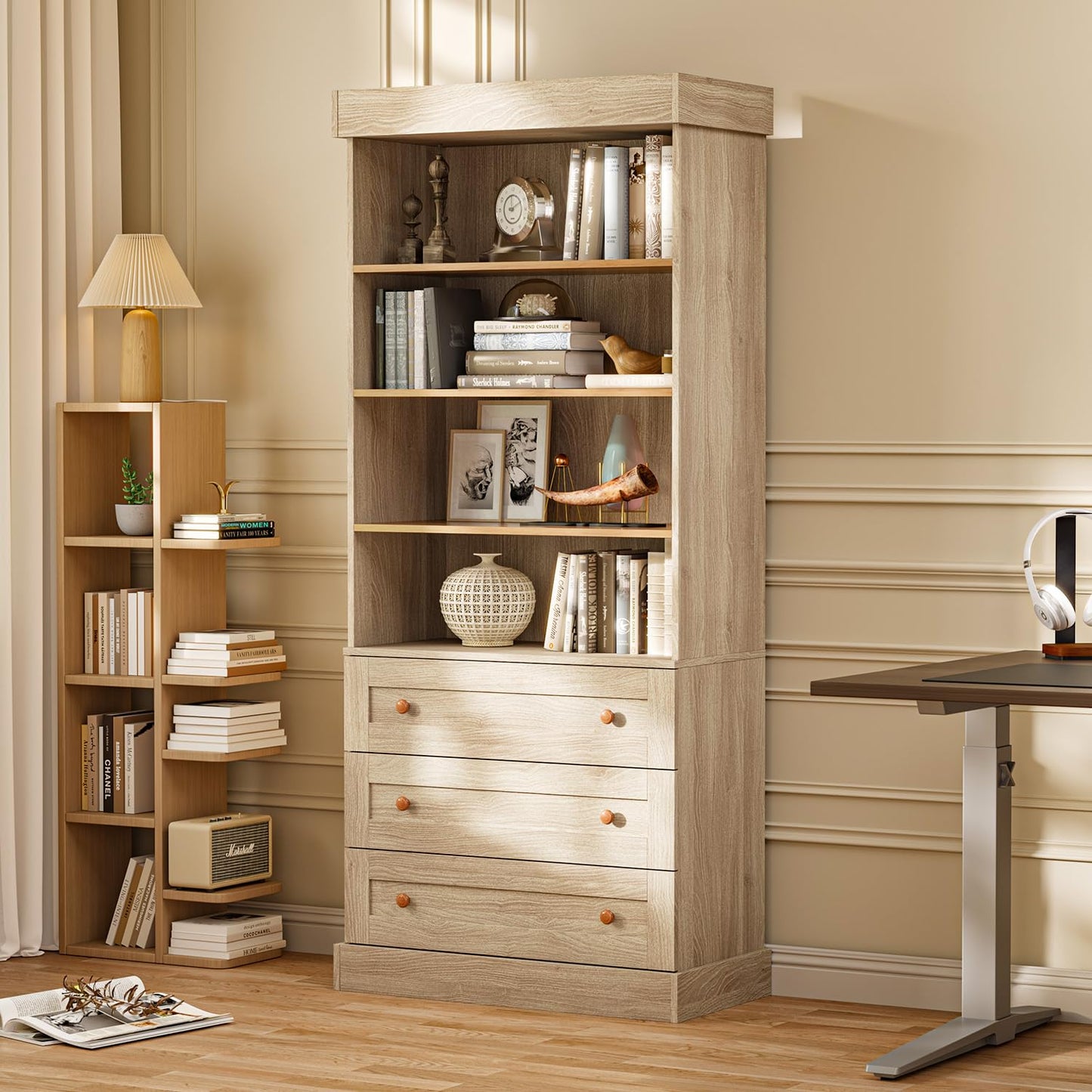 71" Tall Farmhouse Bookshelves, Brown Large Bookcase with Adjustable Shelves, 3 Drawers Wooden Storage Cabinet for Living Room, Kitchen, Home Office, Dining Room, 2 Pcs Open Unit