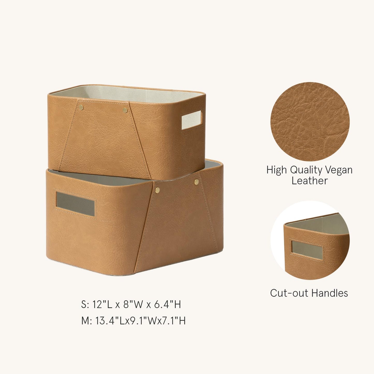 LA JOLIE MUSE Storage Baskets for Organizing, 2 Pack, Storage Cube Boxes Luxury Brown Vegan Leather for Closet Shelf Cabinet Bookcase Camel