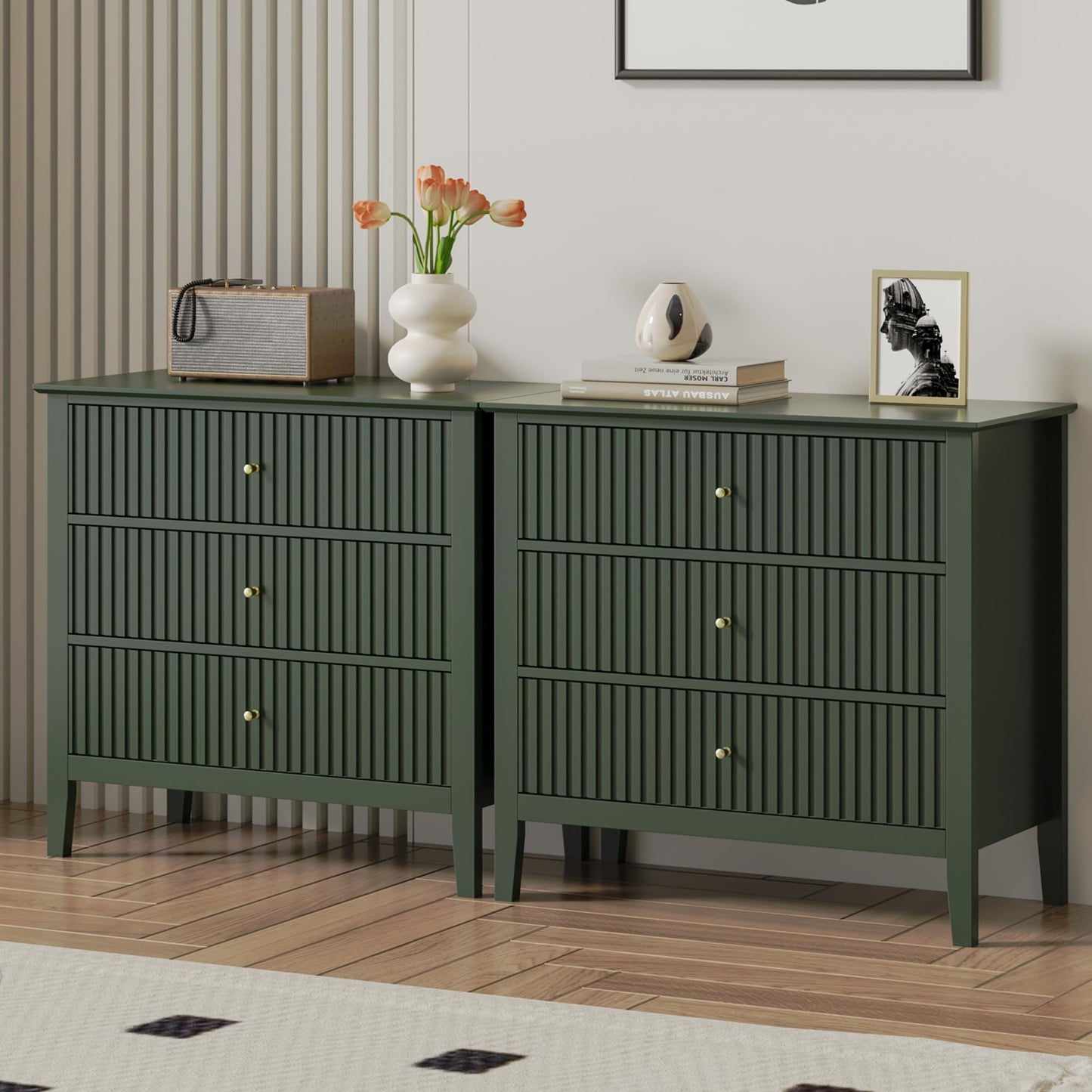 RoyalCraft Large 3 Drawer Dresser Set of 2, Fluted Chest of Drawers with Storage, Modern Painted 30 inch Tall Nightstand for Bedroom Living Room Entryway, Green