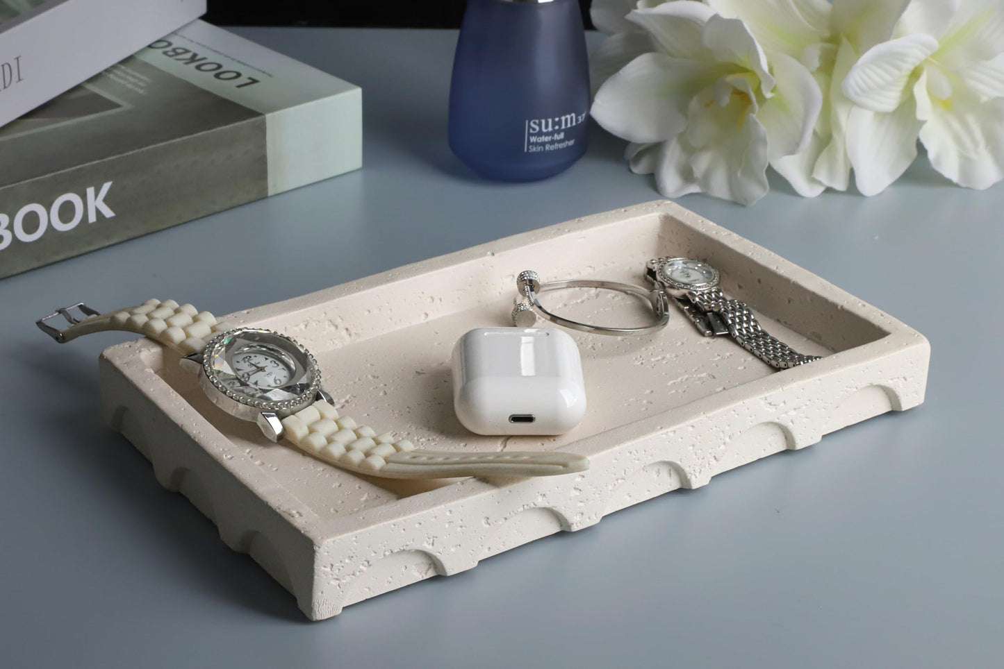 Vixdonos Decorative Tray with Semi-Circular Pattern Edge,Rectangular Concrete Tray for Coffee Table Decor,9.8X5.8X1.2 Inches(Beige)