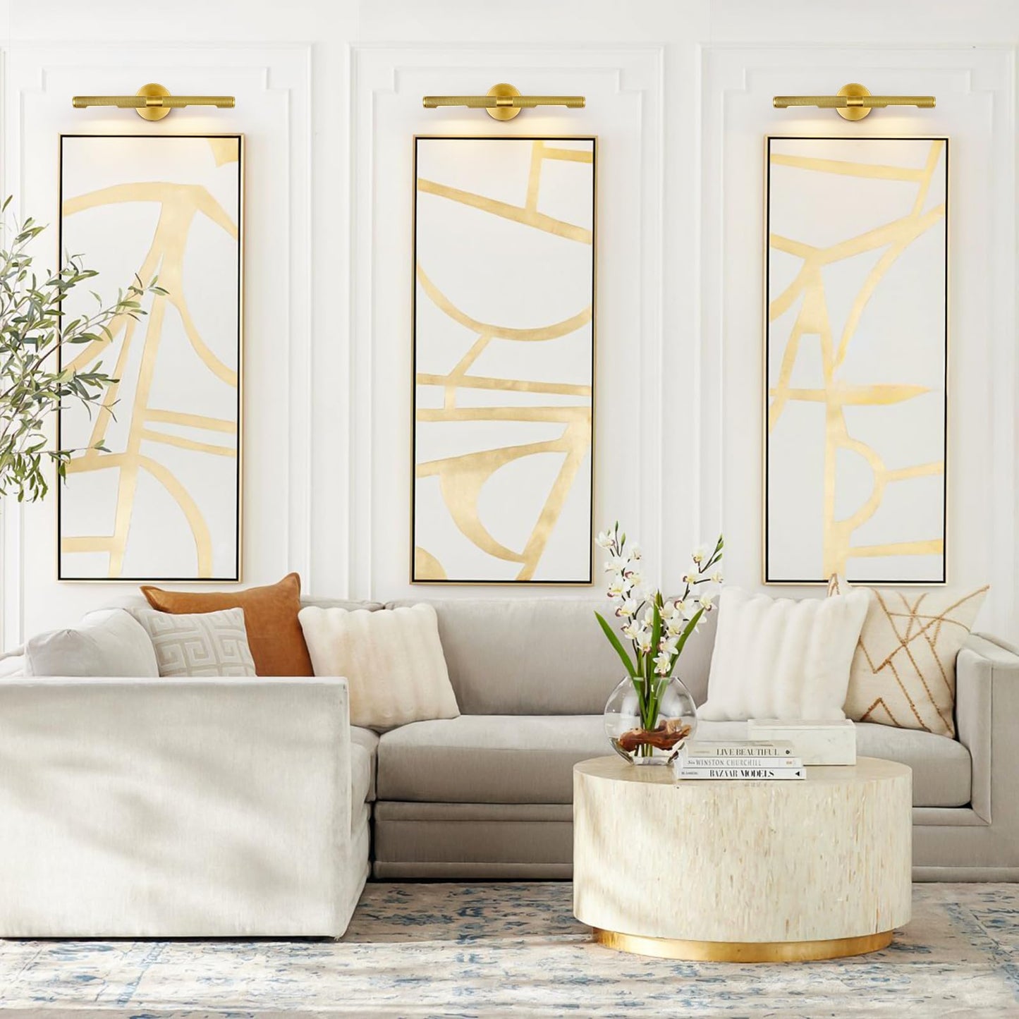 Hard-wired Knurled Picture Light, 19in Brass Picture Light for Wall, Dimmable Gold Art Lights, Rotatable 360° Sconce for Pictures Frame, Painting Wall Lights, Bathroom Wall Sconce, E12 Bulbs Included