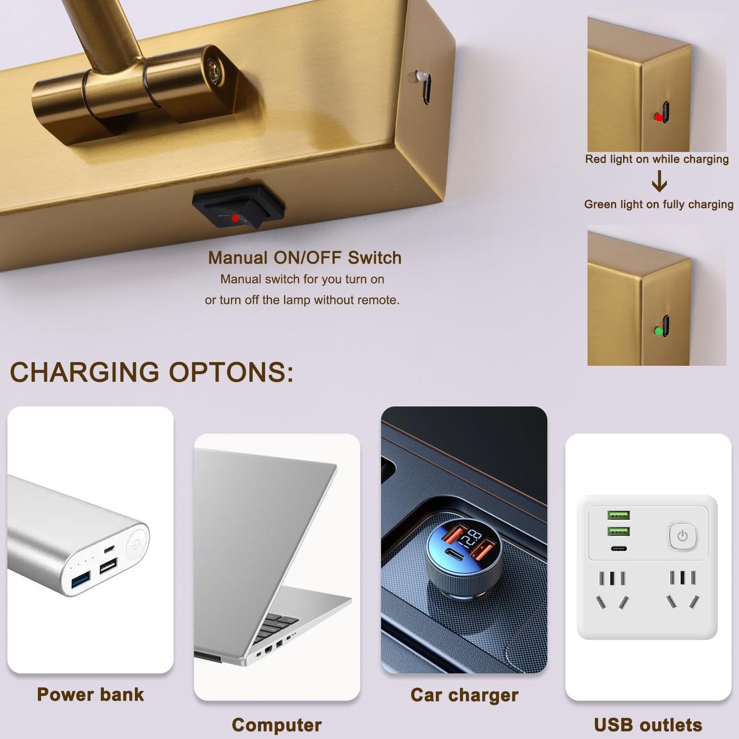 Wireless Picture Lights for Wall Battery Operated, Brass Art Lighting for Paintings Rechargeable Gallery lights with Remote and Timer 3CCT Dimmable Painting Lights for Artwork Portrait 23.6 inch