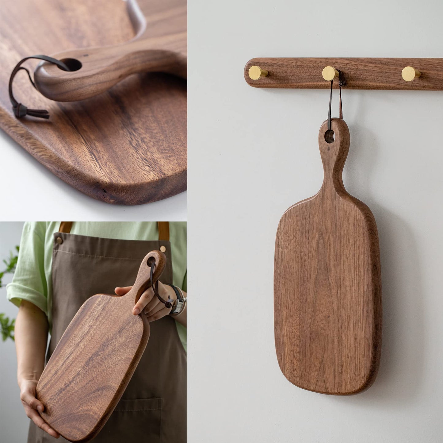 Muso Wood Small Cutting Board with Handle, Walnut Wooden Chopping Boards for Bread, Vegetables & Fruits, Dinner Cheese Board with Hole(15.2x7.3 Inches)