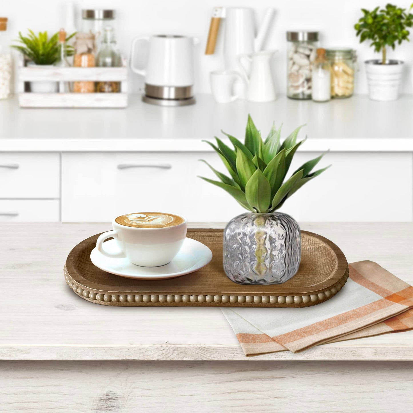 dwellington Wooden Farmhouse Decorative Tray, 12in Rustic Beaded Tray for Living Room Decor, Kitchen Table Décor, Oval Coffee Table Serving Tray (Natural)