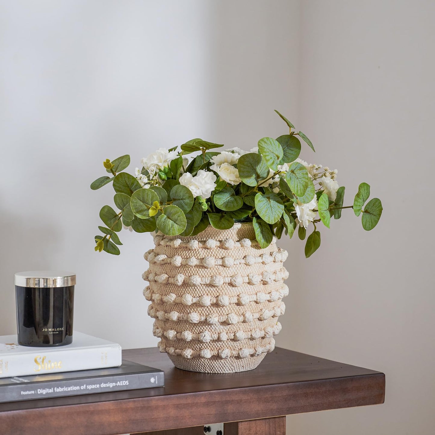 DN DECONATION Beige Rustic Farmhouse Vase, 8.2 Inch Textured Boho Vase for Home Decor, Cement Decorative Flower Vases with Rope Knots for Living Room, Table Centerpiece, Shelf, Mantel Decoration