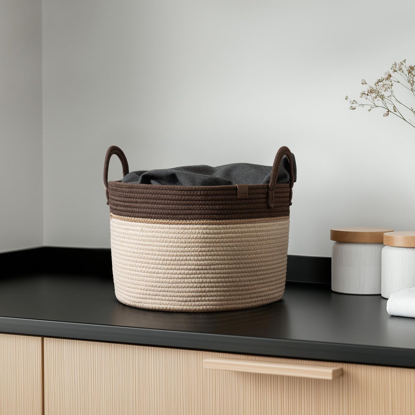 LA JOLIE MUSE Braided Basket, Cotton Rope Storage Baskets, Large Cotton Basket, Laundry Basket for Blanket, Children's Toys, Basket S Laundry Basket for Children's Room, Oatmeal, 32 Litres