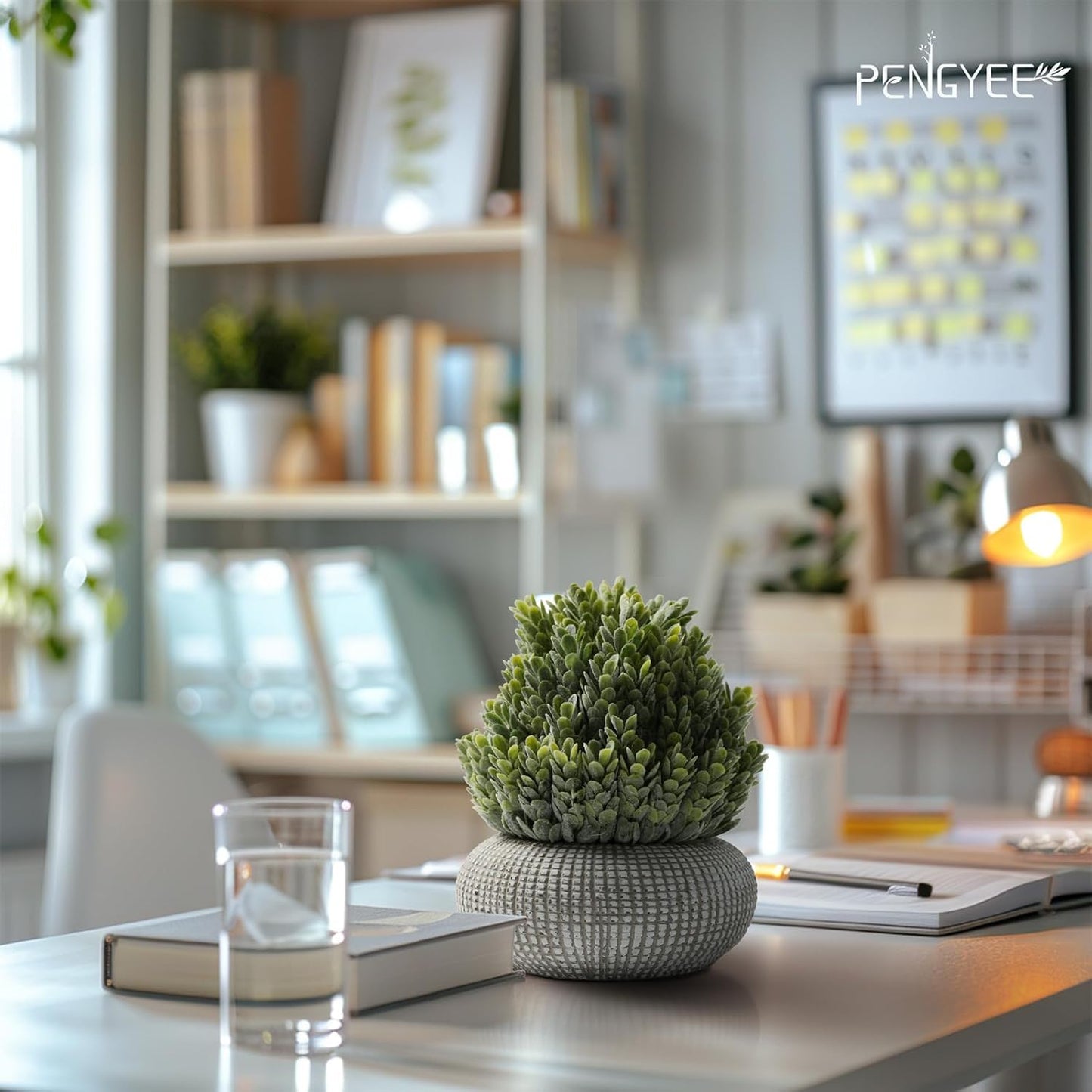 PENGYEE 2Pack Small Fake Plants 6.1/5.7 Inch, Artificial Plants Indoor in Cement Planter, Faux Plants Indoor for Room Bathroom Bedroom Kitchen Office Home Decor