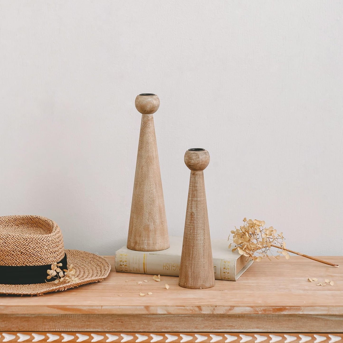 NIKKY HOME Wood Taper Candle Holders Set of 2, Farmhouse Tall Candle Stand Decorative Candlestick for Wedding Party Mantle Fireplace Dining Room Table Centerpieces Decor