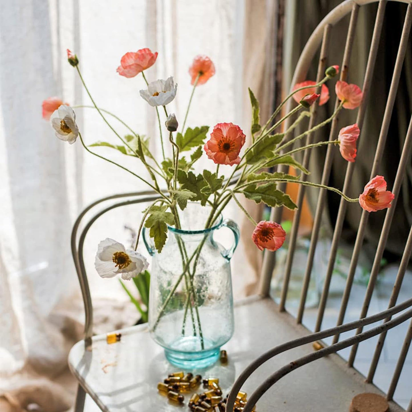 DUYONE Artificial Flowers 6 Stems Poppy Silk Bouquet,for Wedding, Home, Party Decoration,Table Centerpiece Arrangement(Orange Pink 6pcs)