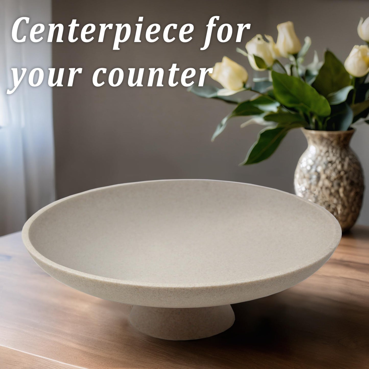 LIN CHUAN Large Decorative Bowl, Modern Resin Pedestal Bowl for Home Decor, Stylish Fruit Bowl for Kitchen Counter, Chic Key Holder for Entry Table, Beige