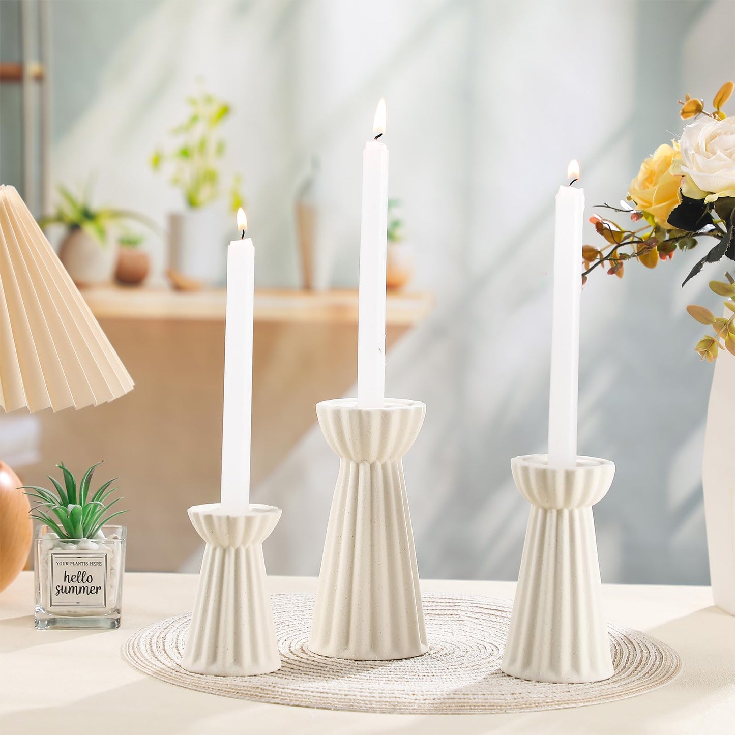 Honeydak Set of 3 Ceramic Taper Candle Holders Fluted Candlestick Holder Beige Candle Stick Stand Nordic Decorative for Wedding Decor Home Dinner Party Boho Desktop Table Centerpiece Housewarming Gift