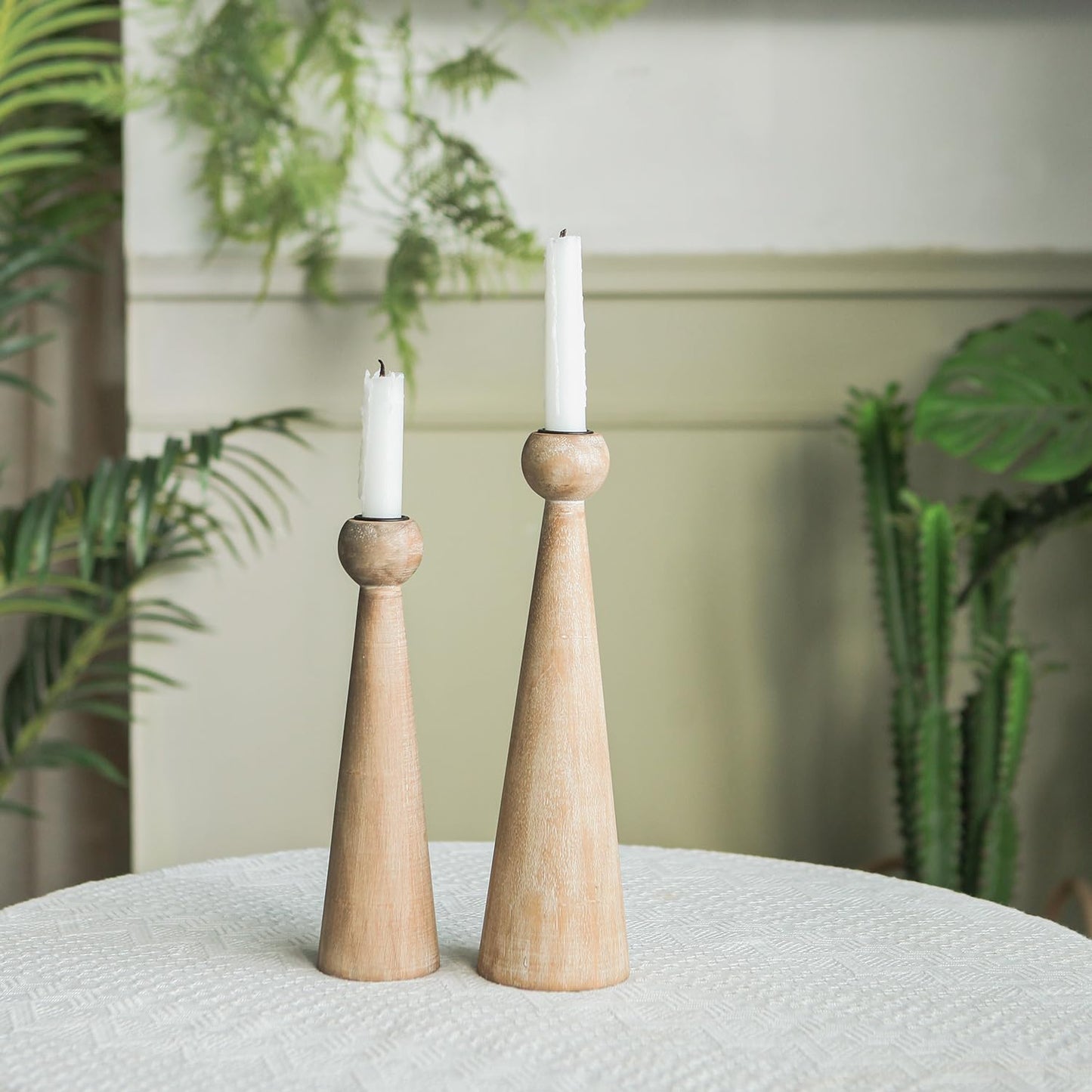 NIKKY HOME Wood Taper Candle Holders Set of 2, Farmhouse Tall Candle Stand Decorative Candlestick for Wedding Party Mantle Fireplace Dining Room Table Centerpieces Decor
