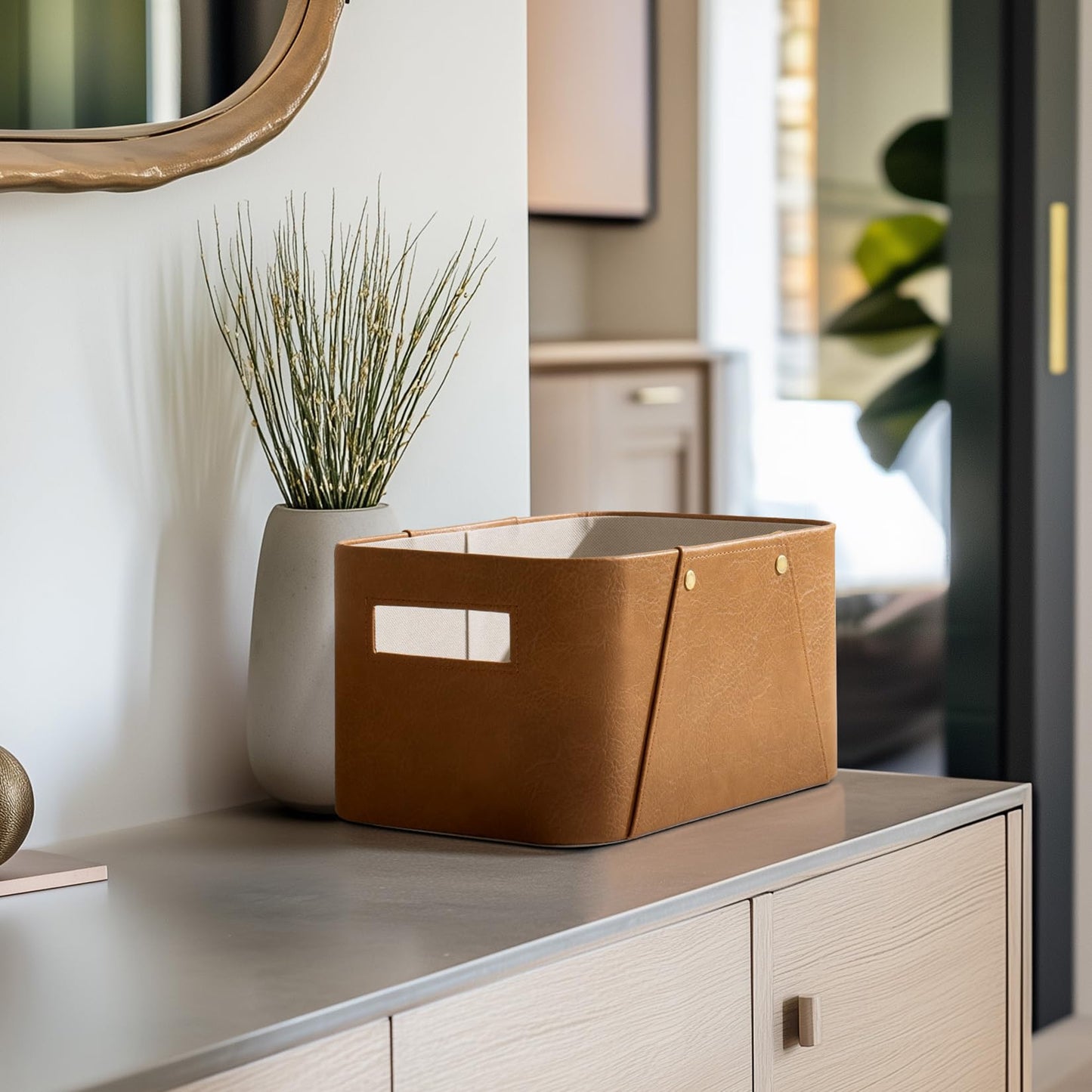 La Jolie Maison Storage Baskets for Organizing, 2 Pack, Storage Cube Boxes Luxury Brown Vegan Leather for Closet Shelf Cabinet Bookcase Camel