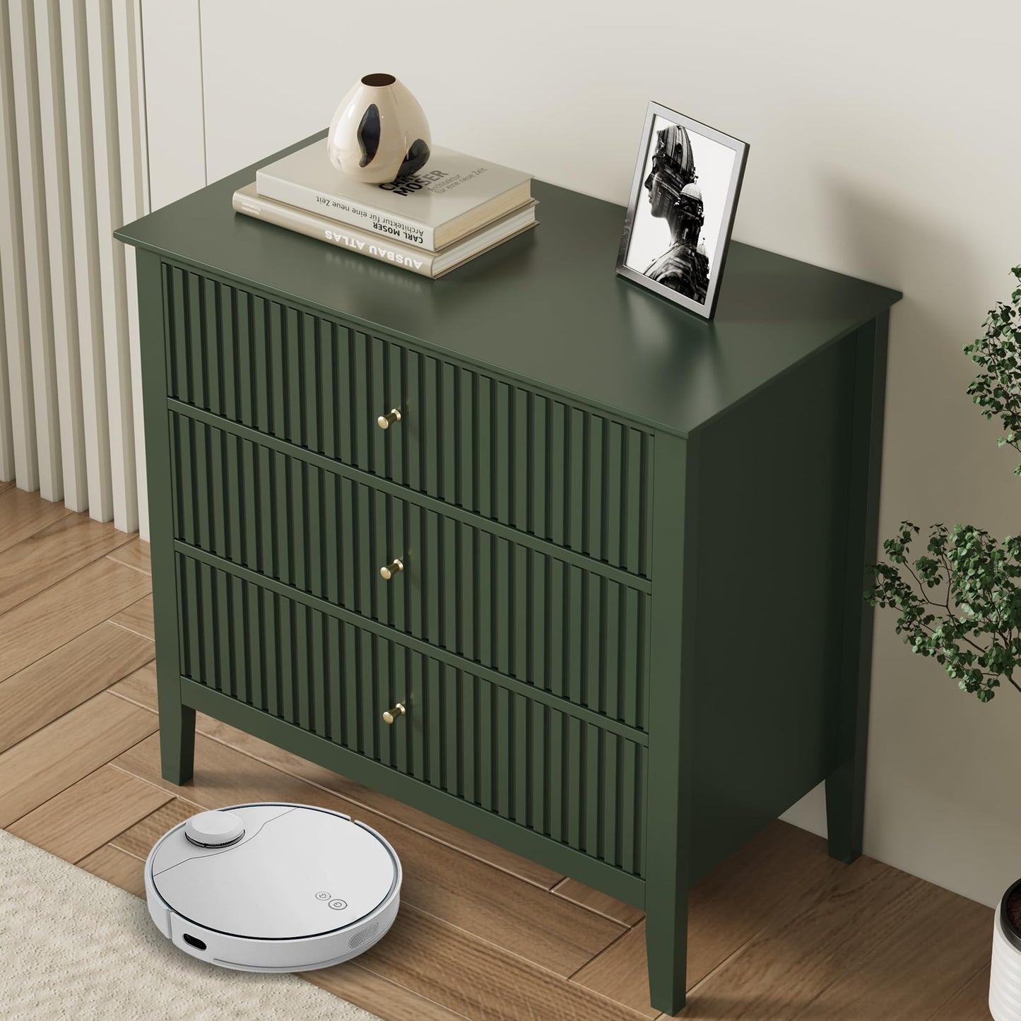 RoyalCraft Large 3 Drawer Dresser Set of 2, Fluted Chest of Drawers with Storage, Modern Painted 30 inch Tall Nightstand for Bedroom Living Room Entryway, Green