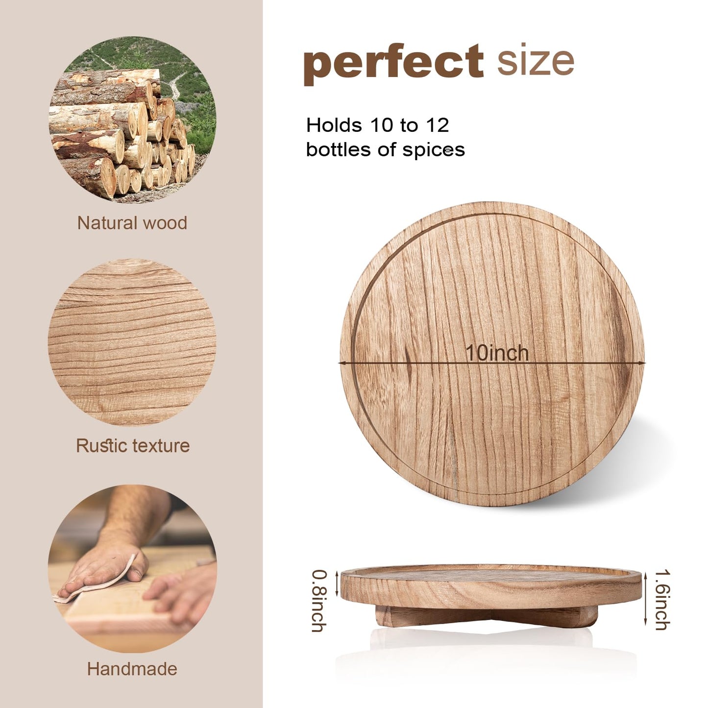 Round Decorative Tray Wood Bathroom Counter Organizer Farmhouse Kitchen Decor Wooden Riser for Soap Dish, Perfume, Candle, Sponge, 10" - Brown