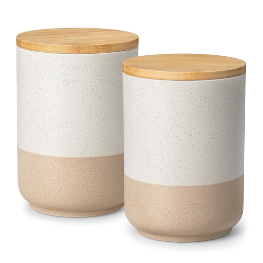 vancasso Sabine Large Ceramic Canister Set with Airtight Wood Lids - 2-Piece Kitchen Food Storage Jars for Flour, Sugar, Coffee & Tea (74 oz Each) - Big Capacity Countertop Jars