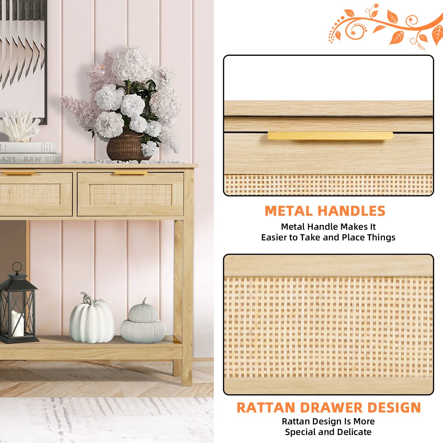 LAZZO Rattan Console Table Boho Entryway Table Narrow Long Sofa Table Hallway Foyer Behind Couch Table with 3 Drawers and Open Storage Shelf for Living Room and Corridor Natural Wood