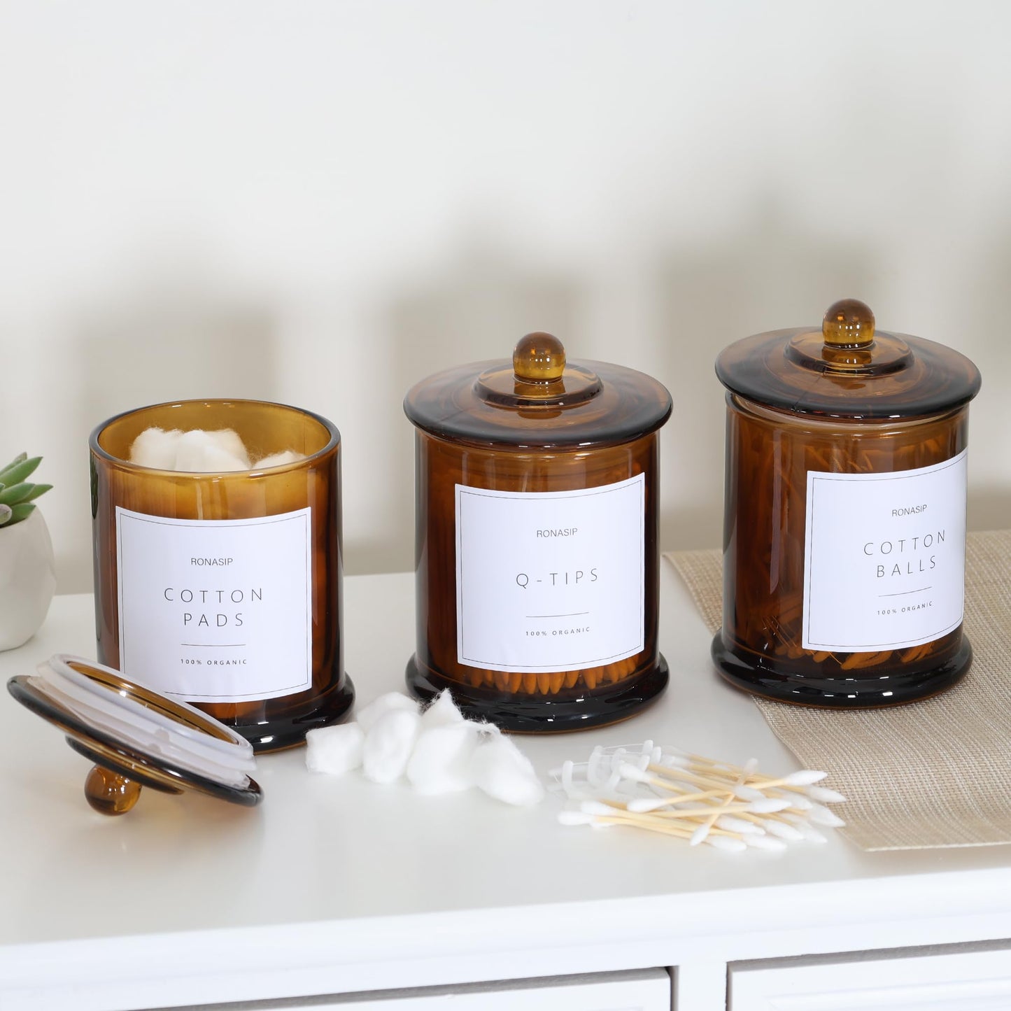 Ronasip 3 Pack Farmhouse Bathroom Organizers and Storage - 16 Oz Glass Jars with Lids for Qtip Holder, Swab Organizer, Bathroom Decor and Storage with Labels (Amber)