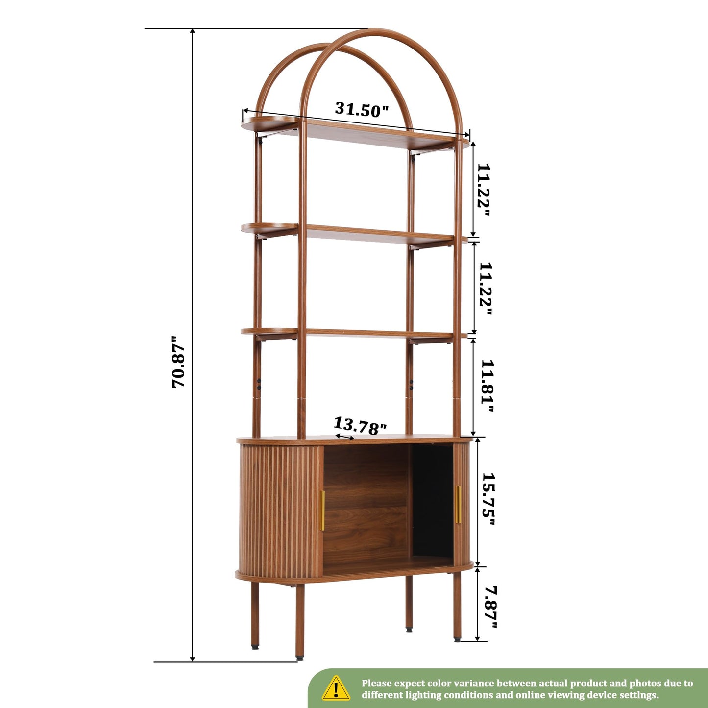 71" Tall Fluted Arched Bookshelf with Sliding Tambour Doors, Mid Century Modern Metal Curved Bookshelf Cabinet with Storage, 4-Tier Open Display Storage Shelf for Home Office, Living Room (Walnut)