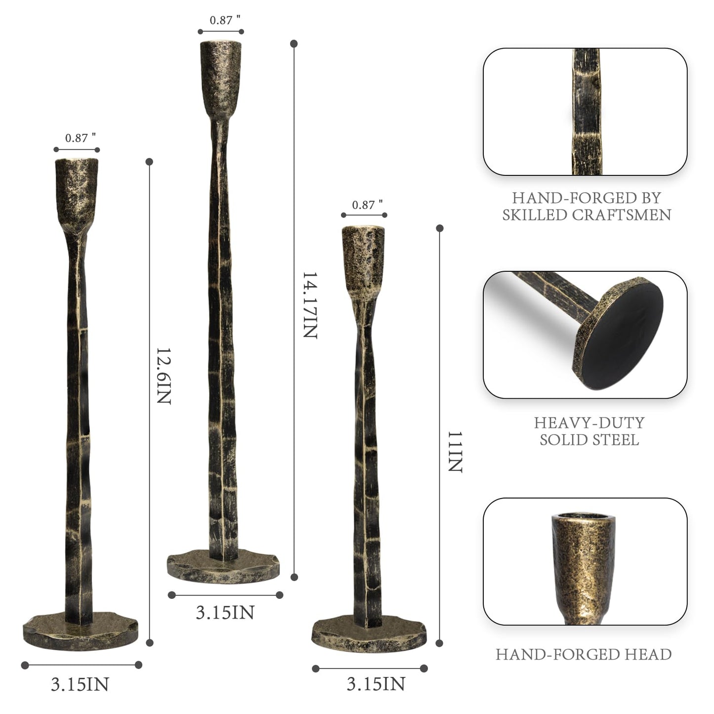 BEGINS Hand-Forged Bronze Taper Candle Holders, Set of 3 Decorative Metal Candlestick Holders for Weddings, Dining Table, Church, Home Decor