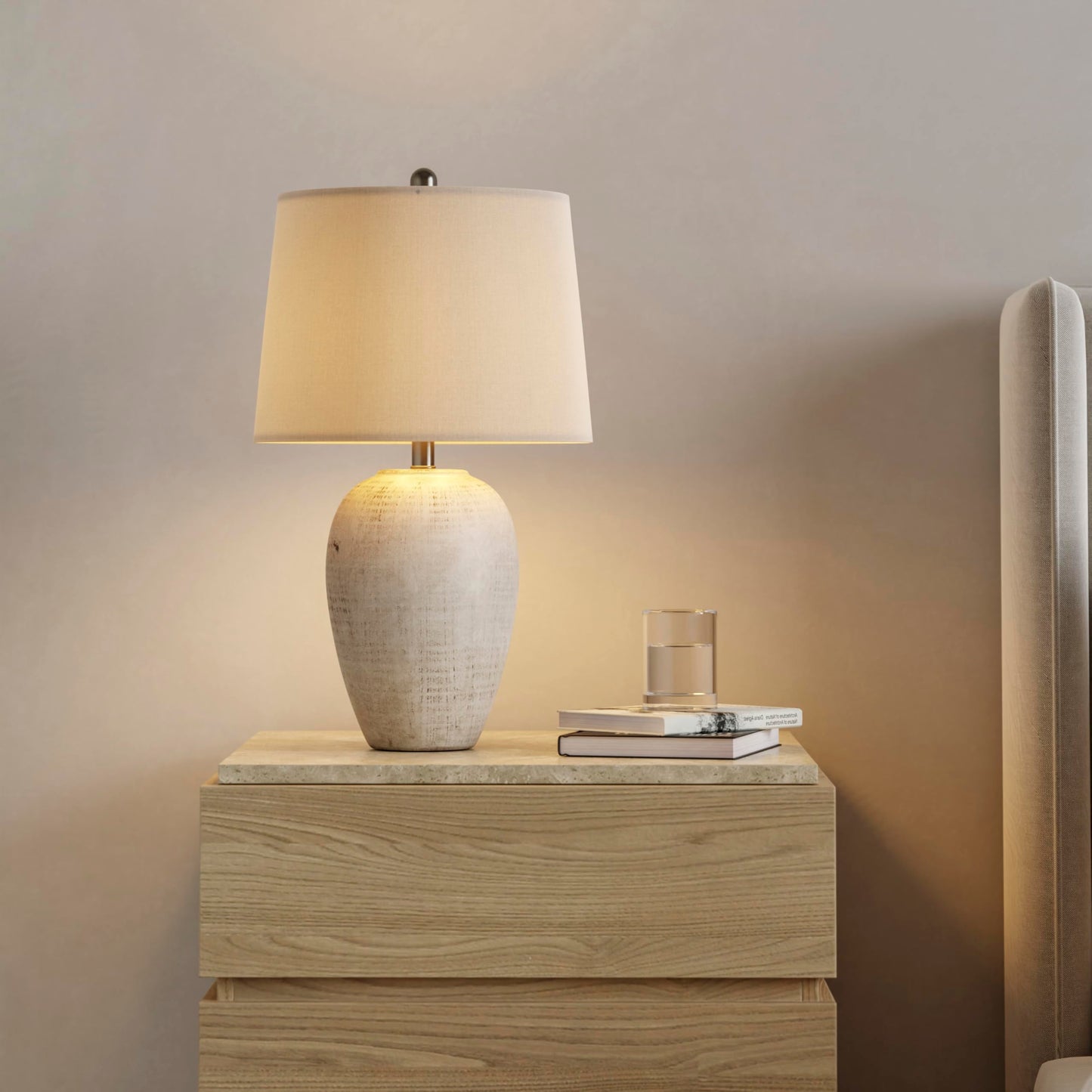 Nourison Home 23" Distressed Cream/Beige Rustic Ceramic Jar Table Lamp for Bedroom, Living Room, Dining Office, with Ivory Shade