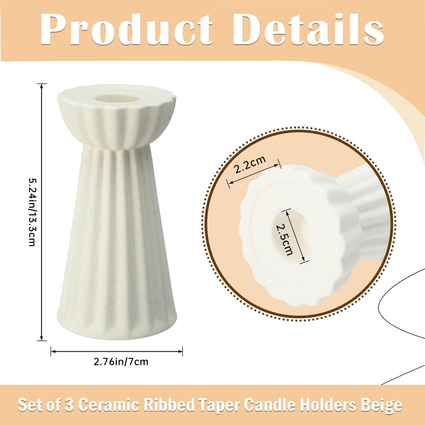 Honeydak Set of 3 Ceramic Taper Candle Holders Fluted Candlestick Holder Beige Candle Stick Stand Nordic Decorative for Wedding Decor Home Dinner Party Boho Desktop Table Centerpiece Housewarming Gift