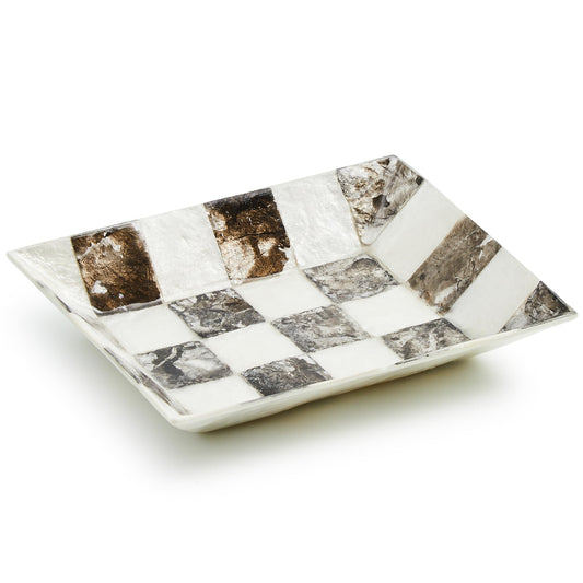 MACKENZIE-CHILDS Capiz Soap Dish, Decorative Soap Holder, Black-and-White Courtly Check