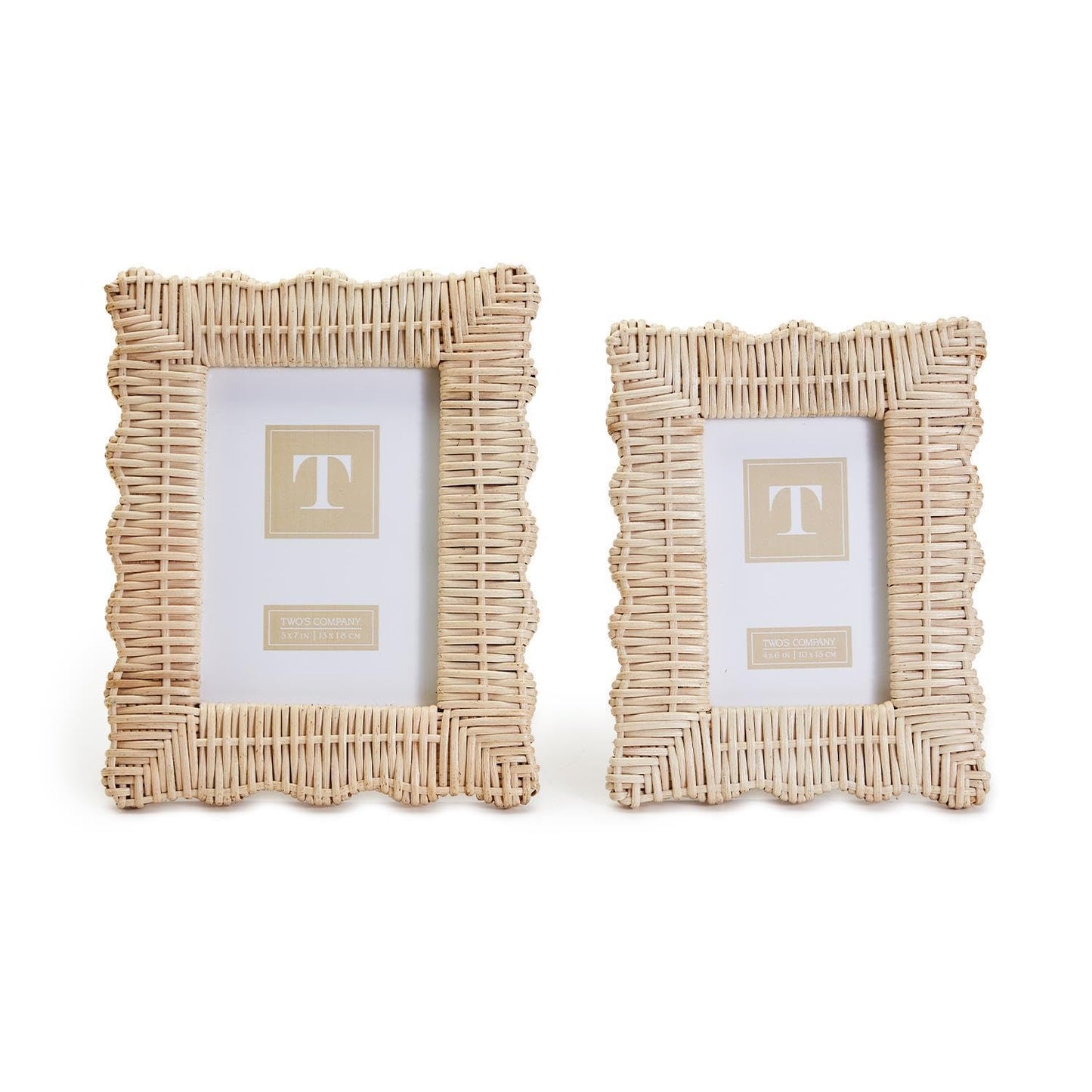 Two's Company 2-Piece 4" x 6" and 5" x 7" Rattan Photo Frame Set, Hand Woven Wicker Weave Natural Wood Rustic Boho Decor Frames